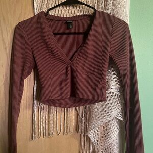 Wild Fable Ribbed V-Neck Crop Top - Deep Maroon